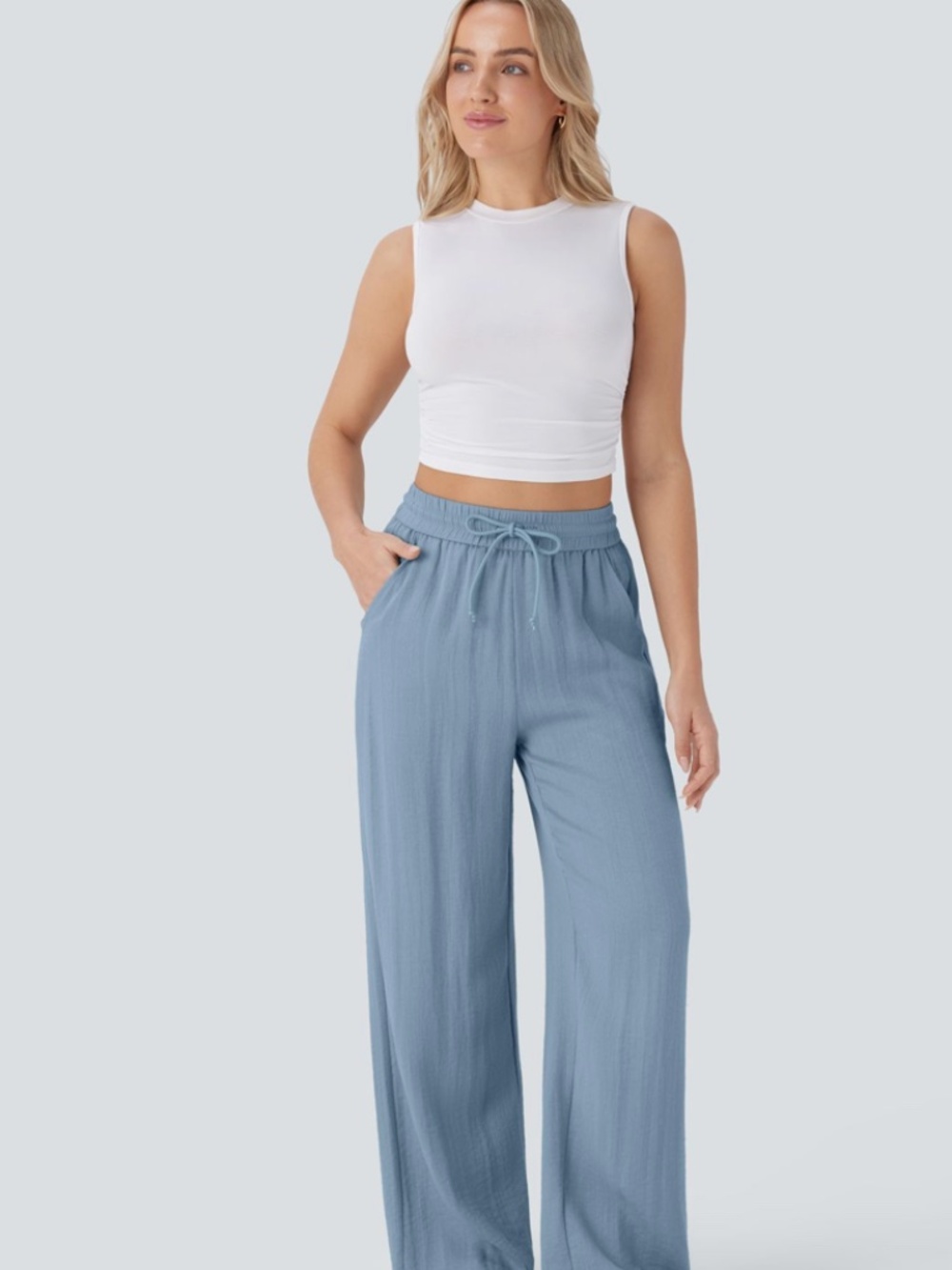 Halara High Waisted Drawstring Pocket Wide Leg Baggy Casual Linen-Feel Pants